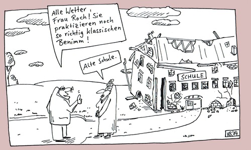 Cartoon: aufrichtige Hochachtung (medium) by Leichnam tagged aufrichtige,hochachtung,alle,wetter,frau,roch,praktizieren,klassischer,benimm,gutes,verhalten,anstand,alte,schule,baufällig,verfallen,ruine