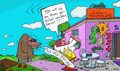 Cartoon: Ausflug (medium) by Leichnam tagged ausflug,gernot,gasthaus,feuerblume,kuss,küssen,schmachten