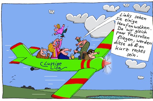 Cartoon: Ausflug (medium) by Leichnam tagged ausflug,flugzeug,reiseleiter,flugbegleiter,haufenwolken,wolken,linksseitig,rechtsseitig,fassrollen,kunststücke,flug,fliegen,leichnam,leichnamcartoon