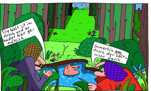 Cartoon: Bad (medium) by Leichnam tagged bad,wald,beobachter,im,arsch,welt,kaputt,gemütlich,wasser,teich,tümpel,plantschen