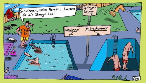 Cartoon: Bade-Boss (medium) by Leichnam tagged badeboss,freibad,schwimmbad,wasser,freizeit,sonne,urlaub,schwimmen,nichtschwimmer,springerbecken,stange