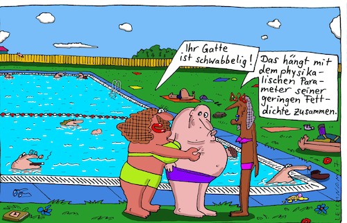 Cartoon: Badeanstalt (medium) by Leichnam tagged badeanstalt,sommer,sonne,hitze,plantschen,wasser,freibad,schwimmbad,gatte,schwabbelig,gattin,ehe,parameter,physik,dichte,fett,zusammenhang,leichnam,leichnamcartoon,schwimmen,urlaub