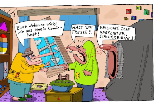 Cartoon: Begeisterung (medium) by Leichnam tagged begeisterung,wohnung,comicheft,halt,die,fresse,beleidigen,ungeziefer,ärger,leichnamcartoon