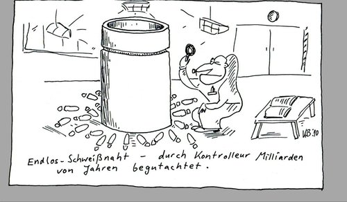 Cartoon: Begutachtung (medium) by Leichnam tagged begutachtung,prüfung,schweißen,schweißnaht,prüfer,arbeitswelt