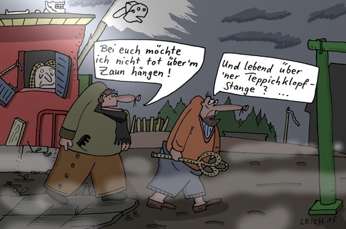 Cartoon: Bei euch (medium) by Leichnam tagged welt,der,ende,nest,dörfchen,dorf,teppichklopfstange,lebend,zaun,tot,euch,bei