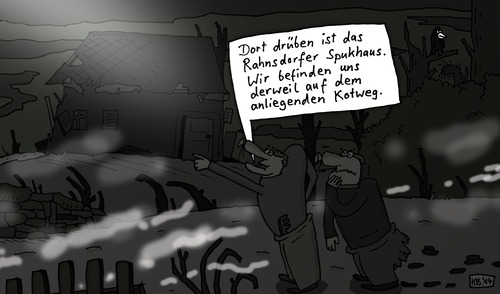 Cartoon: bei Rahnsdorf (medium) by Leichnam tagged rahnsdorf,spukhaus,geister,gespenster,unheimlich,mystik,nebel,nacht,einöde,abgelegen,düsternis,grusel,weg,kacke,kot,karg,alt,verfallen,unbewohnt,dämonisch