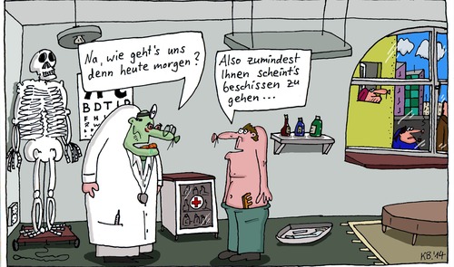 Cartoon: beim Doc (medium) by Leichnam tagged beim,doc,patient,arzt,arztpraxis,skelett,beschissen,übel,schlecht,belegte,zunge,grünes,gesicht