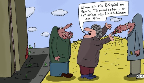 Cartoon: Beispiel (medium) by Leichnam tagged unschön,abstoßend,vorwurf,akne,hautausschlag,nase,kinn,hautirritationen,drommlaster,herr,beispiel