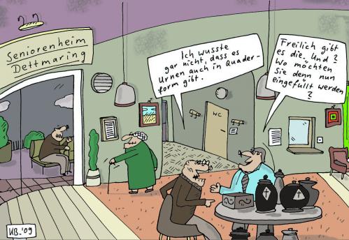 Cartoon: Beratung und Verkauf (medium) by Leichnam tagged seniorenheim,urne,einfüllen,quader