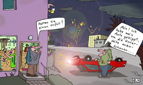 Cartoon: Berechtigt mürrisch (medium) by Leichnam tagged berechtigt,mürrisch,unfall,feier,silvester,jahresübergang,gekippt,unterseite,blöde,frage,unglück,auto,wagen,fahrzeug