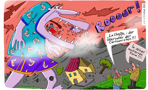 Cartoon: Bergkulisse (medium) by Leichnam tagged bergkulisse,la,cheffe,übervater,cartoonisten,mutiert,mutation,leichnam,leichnamcartoon,roooar,zorn,riesig,wut,ausgetickt