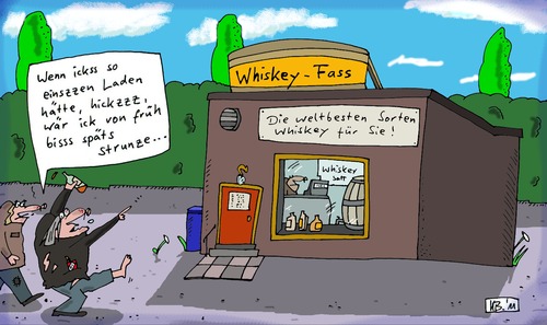 Cartoon: Beschwingte Anmerkung (medium) by Leichnam tagged beschwingte,anmerkung,leichnam,assi,trinker,säufer,whiskey,fass,laden,geschäft,verkauf,hicks,strunze,betrunken,besoffen,sorten,alkohol,getränke