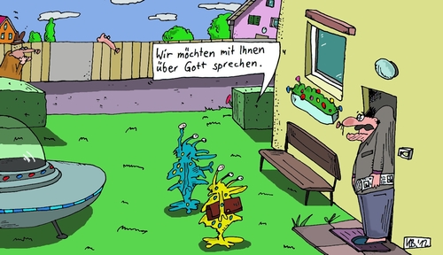 Cartoon: Besuch (medium) by Leichnam tagged besuch,aliens,außerirdische,zeugen,jehovas,gespräch,ufo,fliegende,untertasse,von,droben,her