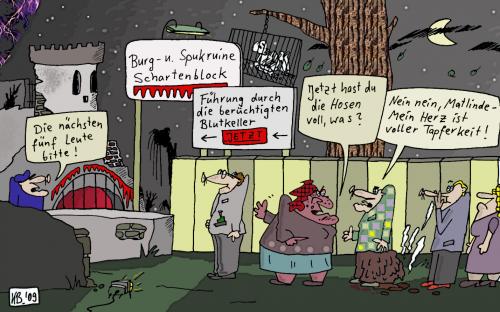 Cartoon: Blutkeller (medium) by Leichnam tagged blutkeller,schartenblock,hosen,matlinde,herz,tapferkeit,ruine,spuk,blut