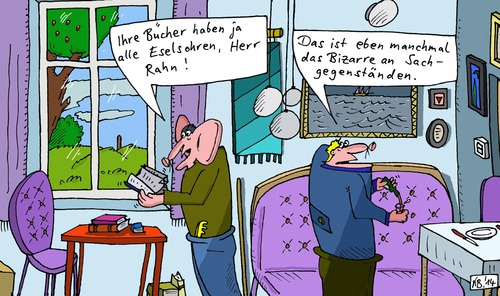 Cartoon: Bücher (medium) by Leichnam tagged bücher,eselsohren,herr,rahn,manchmal,bizarr,grotesk,sachgegenstände,besucher,papier