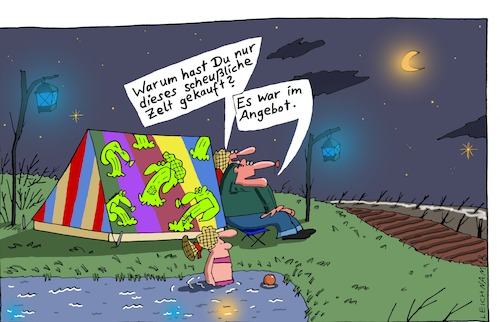 Cartoon: Camping (medium) by Leichnam tagged camping,scheußlich,zelt,einkauf,gekauft,angebot,sonderangebot,nacht,sterne,mond,familie,urlaub,ferien,leichnam,leichnamcartoon