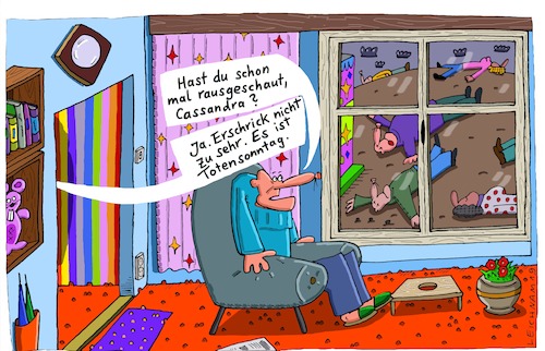 Cartoon: Cassandra (medium) by Leichnam tagged sessel,wortwitz,kalauer,cassandra,rausschauen,totensonntag,leichen,leichnam,leichnamcartoon,fenster,erdboden,tod,tote