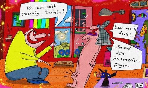 Cartoon: Dann lach doch! (medium) by Leichnam tagged lachen,busen,brüste,beine,körper,frau,mann,scheckig,nachbarhaus,zeigefinger,stecken,leichnam