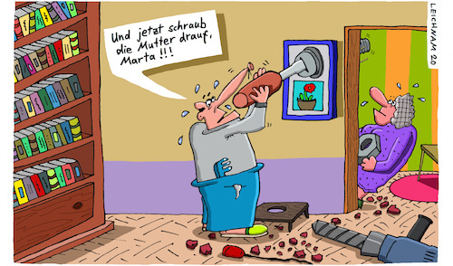 Cartoon: Das Bild (medium) by Leichnam tagged bild,aufhängen,bohren,schrauben,schraube,mutter,marta,bohrmaschine,schwitzen,arbeit,zimmerschmuck,leichnam,leichnamcartoon