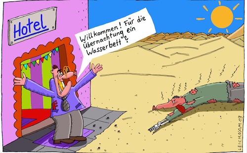 Cartoon: Der Kriechende (medium) by Leichnam tagged kriechend,wüste,willkommen,hotel,gast,durst,wasser,wasserbett,sonne,gnadenlos,hitze,sand,einöde,arsch,der,welt,leichnam,leichnamcartoon