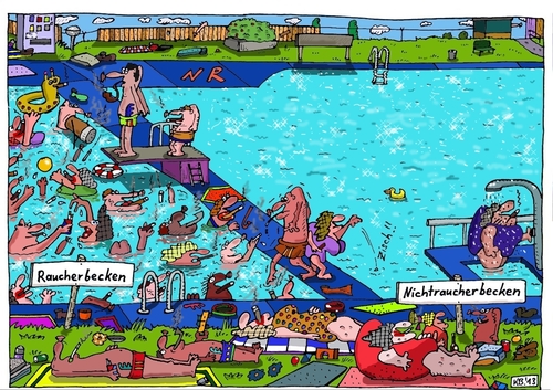 Cartoon: die beiden Becken (medium) by Leichnam tagged erholung,sport,freibad,schwimmen,planschen,urlaub,hitze,freizeit,sonne,sommer,handtuch,liegewiese,zigarette,zigarre,pfeife,raucher,nichtraucher,becken,beiden,die,schwimmbad