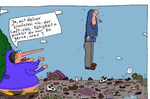 Cartoon: Die Gattin (medium) by Leichnam tagged die,gattin,sinnlos,prahlhans,prahlen,in,der,luft,oben,fußboden,gewürm,schädel,kröten,erbrochenes,fähigkeit,schweben,leichnamcartoon,leichnam,gatte,ehe