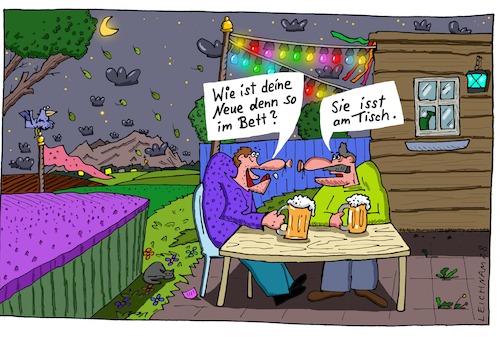 Cartoon: Die Neue (medium) by Leichnam tagged neue,frau,freundin,bett,tisch,essen,missverständnis,leichnam,leichnamcartoon,lichterkette
