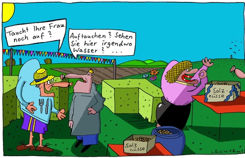 Cartoon: die werte Gattin (medium) by Leichnam tagged wimpelkette,hitze,sommer,feierlichkeit,party,auftauchen,wasser,durst,sonne,trocken,salznüsse,salz,gattin,werte,die