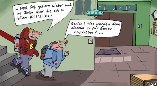 Cartoon: Doku (medium) by Leichnam tagged doku,wdr,killerspiele,öffentlichrechtliche,hausflur,schulkinder,genial,games,videospiele,empfehlungen,böse,freizeit,unterhaltung