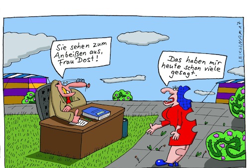 Cartoon: Dost (medium) by Leichnam tagged frau,dost,anbeißen,schon,viele,angebissen,sexy,schreibtisch,bürohengst,open,air,dame