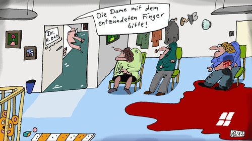 Cartoon: Dr. H. Ott (medium) by Leichnam tagged ott,doktor,wartezimmer,blut,dame,entzündeter,finger,patienten,verletzung,gore,splatter