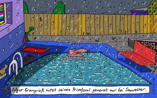 Cartoon: Edgar (medium) by Leichnam tagged edgar,pool,privat,sauwetter,nutzung,wasser,schwimmen,plantschen,freizeit,regen,wie,aus,kübeln,es,pisst