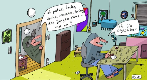 Cartoon: Eheszene (medium) by Leichnam tagged eheszene,leichnam,putzen,backen,kochen,waschen,hausarbeit,logistik,gatte,faul,bequem