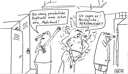 Cartoon: Ein wenig (medium) by Leichnam tagged urin,schweiß,dreck,fliegen,kot,deospray,geruch,gestank,arbeit,der,nach,umkleidekabine,herrengespräche,duftnote,persönliche,wenig,ein