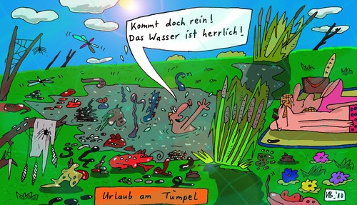 Cartoon: Einfach schön! (medium) by Leichnam tagged einfach,schön,urlaub,sommer,tümpel,wasser,schleim,kroppzeug,viechzeug,frösche,würmer,schlangen,spinnen,glubschaugen,ehe,sohn,ekel