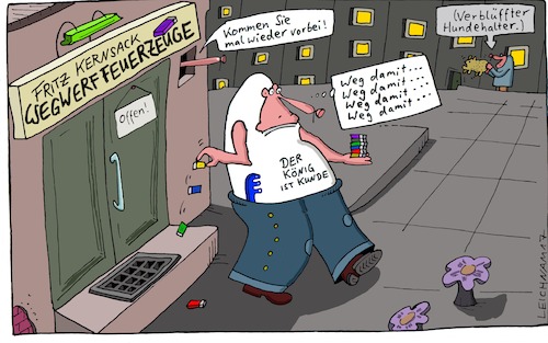 Cartoon: Einkauf (medium) by Leichnam tagged einkauf,wegwerffeuerzeug,halter,kommen,vorbei,aufforderung,verkäufer,kapitalismus,dekadenz,weg,damit,fritz,könig,kunde