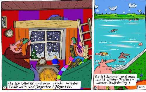 Cartoon: Eins und Zwei (medium) by Leichnam tagged eins,zwei,winter,sommer,freibad,jagertee,glühwein,kälte,hitze,unfreiwillig,leichnam,leichnamcartoon