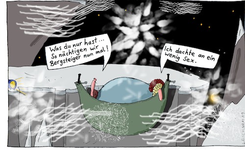 Cartoon: Eisige Höhen (medium) by Leichnam tagged eisige,höhen,bergsteiger,berge,schnee,eis,nacht,sturm,wind,schlafsack,schlafen,übernachtung,leichnam,leichnamcartoon