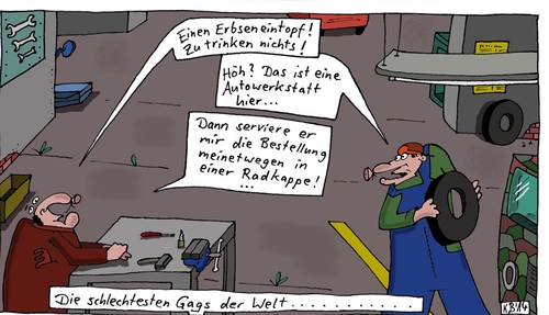 Cartoon: Erbsen (medium) by Leichnam tagged erbsen,bestellung,restaurant,autowerkstatt,kfz,mechaniker,schlosser,eintopf,zu,trinken,radkappe,schlechte,gags,servieren,service,hunger,appetit