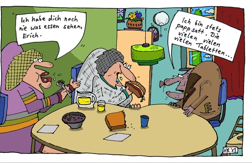 Cartoon: Erich (medium) by Leichnam tagged erich,pappsatt,tabletten,essen,völlegefühl,zu,tisch