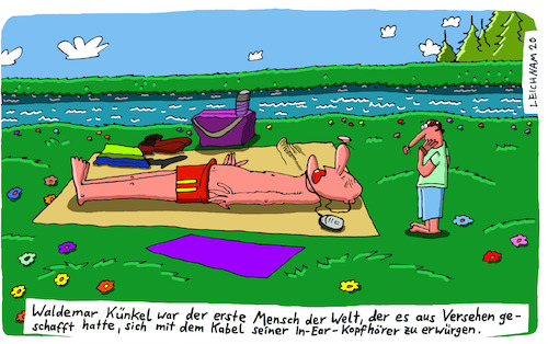 Cartoon: Erster Mensch (medium) by Leichnam tagged leichnam,leichnamcartoon,bach,kopfhörer,erwürgen,erwürgt,versehen,waldemar,künkel,tot,tod,missgeschick