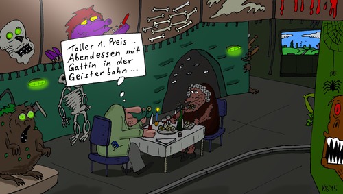 Cartoon: erster Preis (medium) by Leichnam tagged erster,preis,schabracke,geisterbahn,gespensterbahn,gewinn,abendessen,schausteller,rummelplatz,kerzen,wein,abendbrot