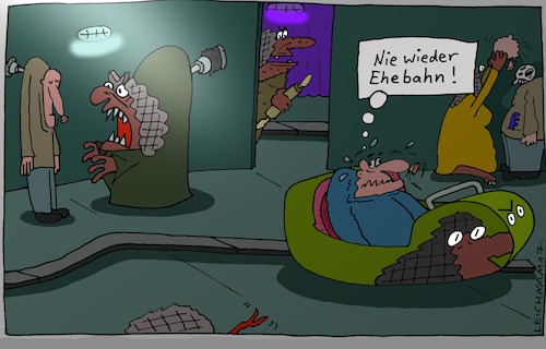 Cartoon: Fahrgeschäft (medium) by Leichnam tagged fahrgeschäft,ehebahn,rummel,geisterbahn,gestalten,leichnam,leichnamcartoon,schrecken,angst,panik