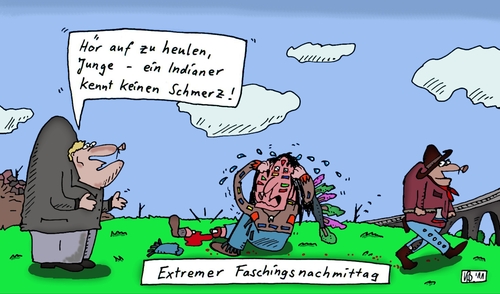 Cartoon: Fasching (medium) by Leichnam tagged fasching,cowboy,und,indianer,nachmittag,splatter,axt,beil,gewalt,schwarzer,humor