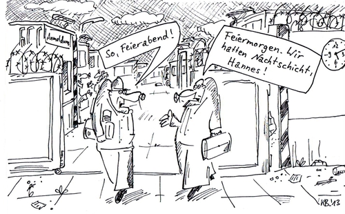 Cartoon: Feierabend (medium) by Leichnam tagged firma,werkhalle,feiermorgen,feierabend,schichtschluss,arbeiter,worker,maloche,arbeit