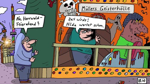 Cartoon: Feierabend? (medium) by Leichnam tagged feierabend,geisterbahn,gespensterbahn,schausteller,rummelplatz,kirmes,herrwald,hilda,müller,durchlaufgeschäft,fahrgeschäft