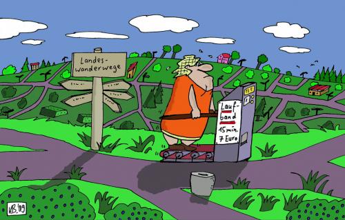 Cartoon: Fitness-Dame (medium) by Leichnam tagged fitnessdame,laufband,landschaft,wanderwege,wandern,natur,wegweißer