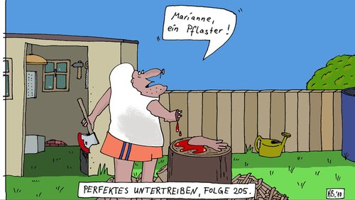 Cartoon: Fleisch und Stahl (medium) by Leichnam tagged fleisch,stahl,beil,axt,holz,hacken,abtrennen,unfall,blut,marianne,pflaster,garten,hackstock,leichnam