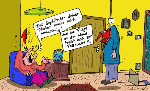 Cartoon: Fly on the wall (medium) by Leichnam tagged fly,on,the,wall,fisch,fliege,geplätscher,selbstmord,strick,suizid,wahnsinnig,tobsucht,aufgehängt