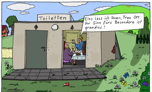 Cartoon: Frau Ott (medium) by Leichnam tagged frau,ott,toilette,wc,klo,sinn,fürs,besondere,essen,und,trinken,speis,trank,grandios,im,grünen,ausgefallen,nebengleißig,klöße,rotwein,erbsen,fleisch,braten,weinfass